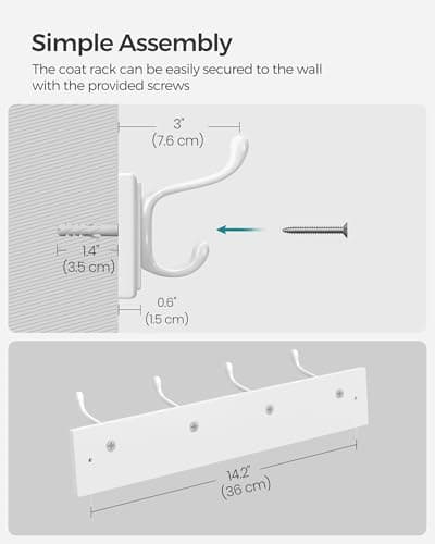 SONGMICS Wall-Mounted Coat Rack, Hook Rack, 4 Dual Metal Hooks, for Coats, Bags, Keys, in the Entryway, Bedroom, Living Room, White ULHR23WT 6