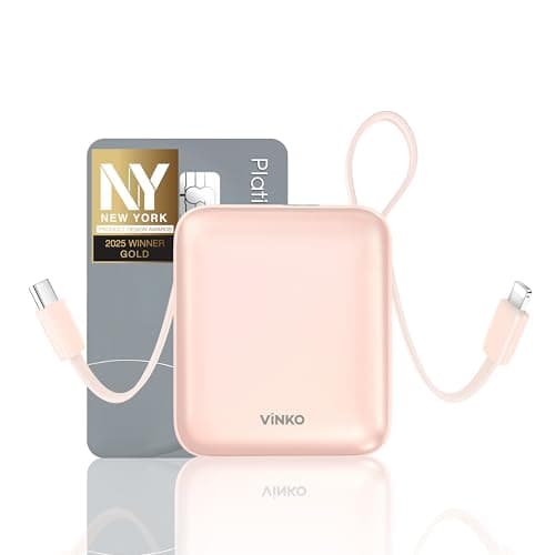 VINKO 10000mAh Power Bank Built-in Cables, Fast Charging with LED Display, Small Travel Battery Pack with Cords, Airplane Travel Essentials,Portable Phone Charger for iPhone 17 Smart Devcies(Pink)