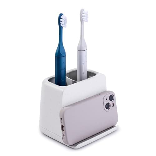 YouCopia The Ledge Toothbrush Holder, 2-Slot, Bathroom Vanity Counter Organizer with Cord Slots, Removable Base and Storage for Phones, Toothpaste and Accessories