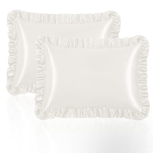 NSGZ Ruffled Satin Pillowcase Set of 2, Standard Size Silky Pillow Shams for Hair and Skin Care, Ivory White Satin Pillow Covers with Envelope Closure, Anti Wrinkle Pillow Cases for Classic Room Decor 6