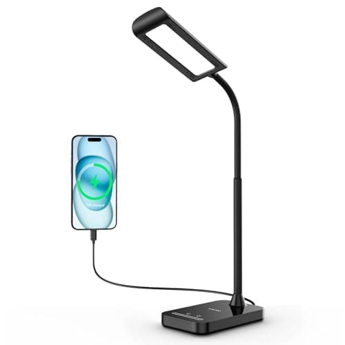 JOSOBO LED Desk Lamp with USB Charging Port, 5 Lighting Modes & 7 Brightness Dimmable Table Lamp, Flexible Gooseneck Lamp, Eye-Caring Reading Light with Memory Function