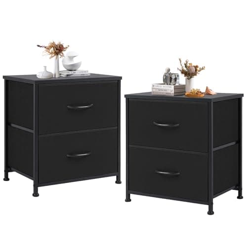 DUMOS Nightstand Set of 2, Small Dresser with 2 Fabric Drawers Side Bedroom End Table Kids Bedside Storage Furniture for 25 inch Tall Night Stand for Closet, Entryway, College Dorm, Classic Black