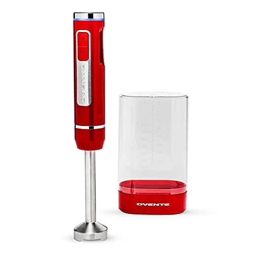 OVENTE Cordless Immersion Hand Blender, Rechargeable Handheld Portable Stick Mixer with 8 Mixing Speed Option, One-Touch Control and Stainless Steel Blades for Smoothies, Shakes or Soups, Red HR781R
