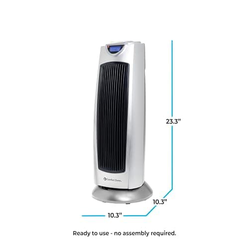 Comfort Zone 1500W Oscillating Ceramic Tower Space Heater – Portable Electric Heater, Digital Display, Remote Control, 80° Oscillation & 12H Timer – Tip-Over & Overheat Protection for Home & Bedroom 9