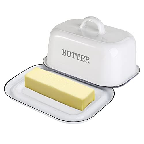 Suwimut Enamel Butter Dish with Lid for Countertop Refrigerator, Vintage White Butters Holder Tray, Black Rim Enameled Metal Covered Butters Keeper Container for East West Coast Butter Stick