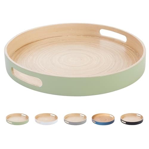 HABITAAS Spun Bamboo Round Serving Tray, Sage, 13.75 Inches