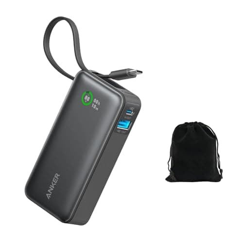 Anker PowerCore Nano 10K 30W Power Bank, Built-in USB-C Cable, 10,000mAh Portable Charger with Bi-Directional Fast Charging, Compatible with iPhone, Samsung, iPad, Laptops, Black, with Pouch