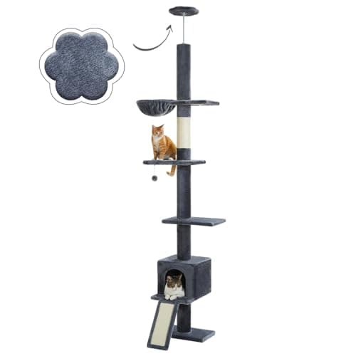PEQULTI Cat Tree Floor to Ceiling, Tall Cat Tower, Adjustable Height (83''-108'') 5 Tiers Climbing Tree for Indoor Cats with Cat Condo, Scratching Post and Ladder, Dark Grey