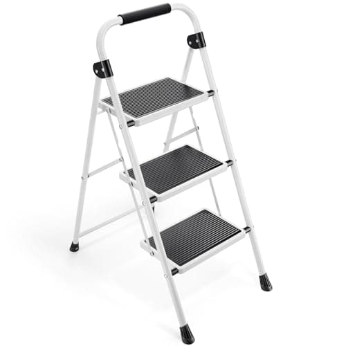 KINGRACK Step Ladder 3 Step Folding with with Anti-Slip and Wide Pedal,Portable Foldable,Tall Sturdy Step Ladder with Handgrip for Home Kitchen Household,White