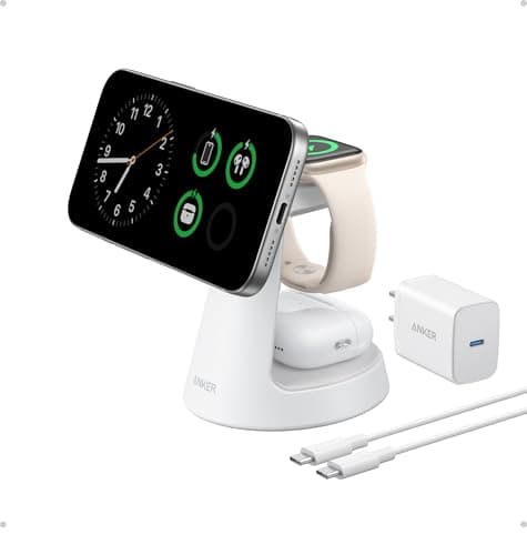 Anker MagSafe Charger Compatible, MagGo 3-in-1 Charging Station, Nano Charging Stand, Qi2 Certified 15W Magnetic Wireless Charger Dock, for iPhone17/16/15/14, Apple Watch,AirPods (Adapter Included)