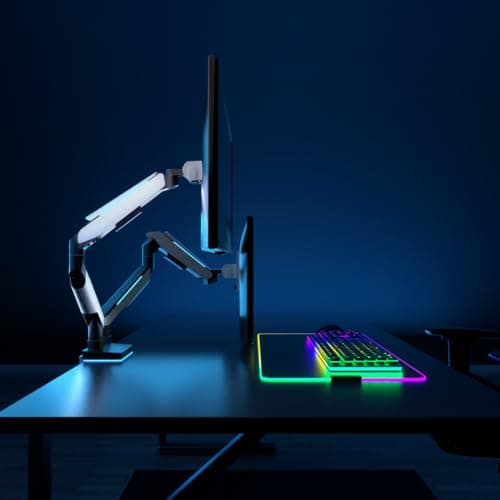 Mount-It! Heavy Duty Dual Monitor Arm up to 35 in. 44 lbs Screens, RGB Lights, 75x75 100x100 VESA Desk Mount for 2 Widescreen Curved Monitors 27 32 34 35 inches, Gas Spring, Clamp, Grommet, RGB Lights 8
