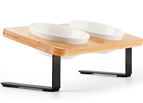 Ceramic Elevated Cat Bowls with 10° Tilted, Anti Vomiting & Whisker Friendly Food and Water Bowls with Bamboo Stand(Anti-Slip Feet), Raised Cat Food Bowls for Indoor Cats & Puppies, Dishwasher Safe