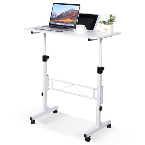 KLSMYHOKI Standing Desk Adjustable Height, Mobile Stand Up Desk with Wheels Small Computer Desk Rolling Desks, Portable Laptop Desk White Standing Table Home Office Desks 16"x31.5" Height 27"-43.5"