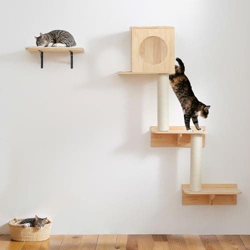 Houseables Wall Mounted Cat Tree, Cat Wall Climber, Kitty Climbing Shelves, Kitty Furniture Shelves, Floating House, Stairs, Mount, Climber, Condo, Playground, Obstacle Course, Indoor Gym, 51 x 35 in