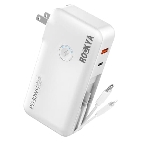ROCKYA Portable Charger with Foldable AC Wall Plug,Built in Cables,PD 30W Fast Charging USB C Power Bank 16000mAh with 4 outputs,Travel Essentials Battery Pack Compatible with iPhone,iPad,Samsung,etc