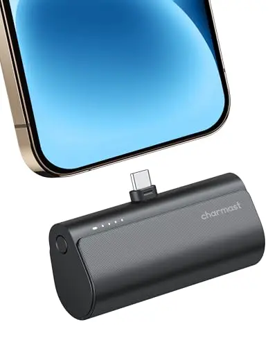 charmast Portable Charger USB C for iPhone 17/16/15, 5000mAh Fast Charging Power Bank with Built-in Type-C Connector, 20W Mini Battery Pack for iPhone 17/16/15 Series, Samsung S25/S24/S23, and More