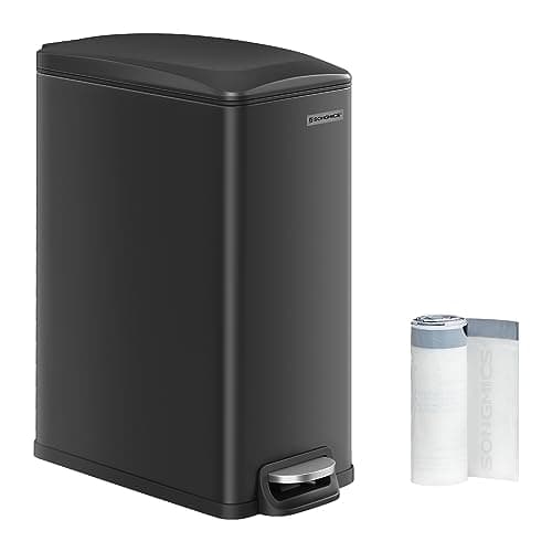SONGMICS Slim Trash Can, 13-Gallon (50 L) Garbage Can for Narrow Spaces with Soft-Close Lid, Inner Bucket, and Step-on Pedal, Stainless Steel, 15 Trash Bags Included, Black ULTB510B48