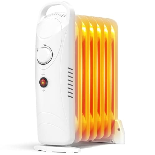 Oil Filled Radiator Heater, Electric Oil Radiant Heater Under Desk, 700W Heat Up & Overheat Protection, Portable Space Heater for Bedroom Office Indoor Use, White