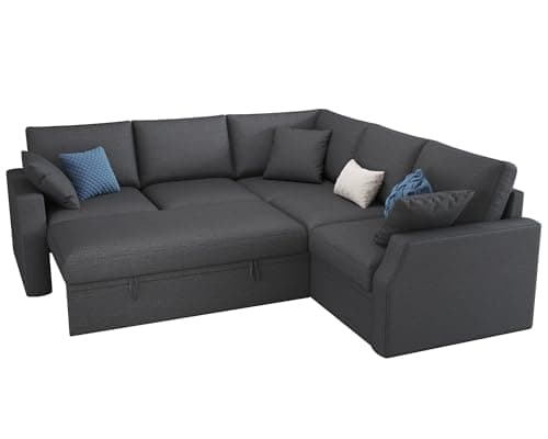 VanAcc Sofa Bed, 85 Inch Sleeper Couch with Storage Seat, L Shaped Sofa with Pull Out Sofa Bed, Sectional Couches for Living Room Apartment, Grey Linen Couch Sofa 8