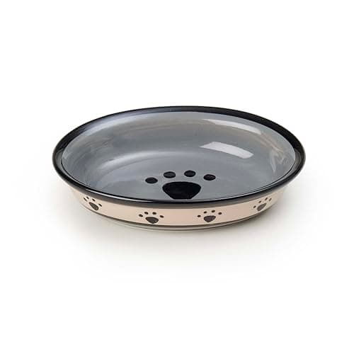 PetRageous 44247 Oval Metro Paws Stoneware Cat Bowl 6.25-Inch Wide and 1.5-Inch Tall Saucer with 1-Cup Capacity and Dishwasher and Microwave Safe for Small Dogs and Cats, Multicolored,Black