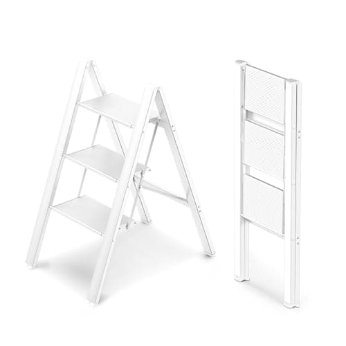 WOA WOA 3 Step Ladder, Foldable Step Stool, Lightweight Ladder for Home Kitchen Closet, Anti-Slip Aluminum Pedals, Ease of Folding, Portable, 300lbs Capacity - White