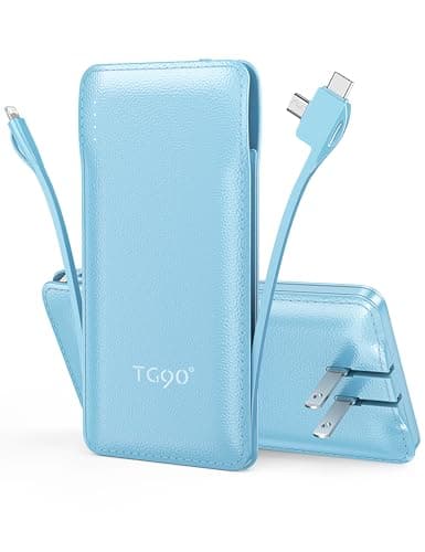 TG90° 10000mAh Power Bank with Built-in AC Wall Plug and Cables, Ultra Slim Phone External Battery Pack Portable Charger Compatible with iPhone and Android Devices