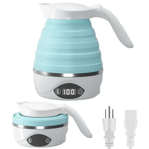 AUCOO Collapsible Travel Kettle Electric Portable Foldable Kettle for Boiling Water, Suitable for 110V & 220V Dual Voltage, for Tea & Coffee, 850W Small Mini BPA-free Silicone Blue electric kettle