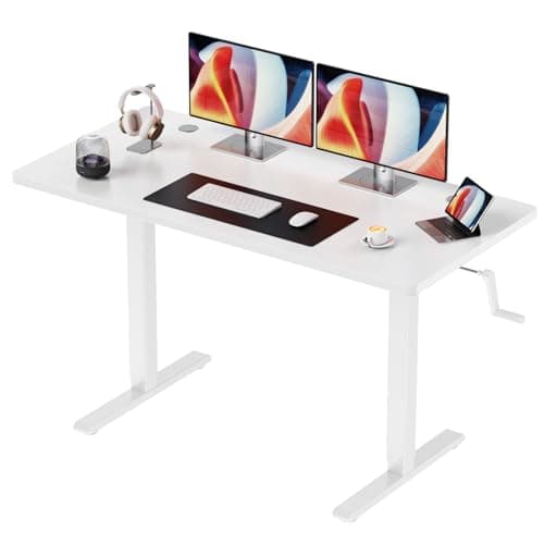 Flycity Manual Standing Desk Adjustable Height, 43" x 24" Hand Crank Stand Up Desk, Sit Stand Home Office Desk, Small Computer Desk with 2 Cable Holes, White Wooden Top/White Carbon Steel Frame