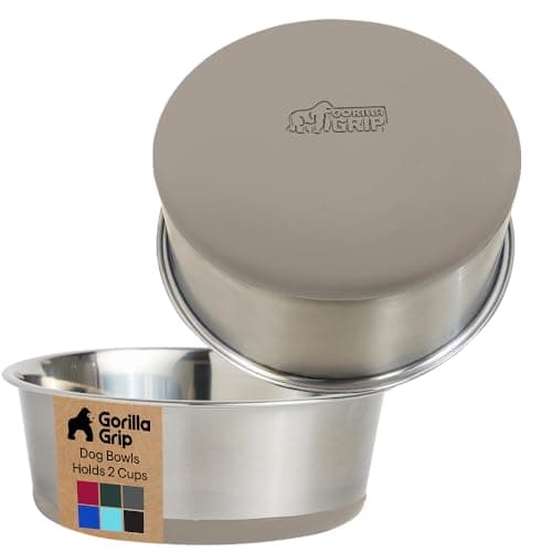 GORILLA GRIP Dog Bowls, Food Grade 304 Stainless Steel, Holds 2 Cups Each (16 fl oz) Food and Water Bowl for Feeding Dogs and Cats, Dishwasher Safe, Rust Resistant, BPA Free Rubber Base Set of 2 Beige