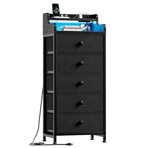 REAHOME Dresser for Bedroom with Charging Station and LED Lights, 5 Drawers Dresser Black Chest of Drawers with Shelves, Tall Night Stand with Sturdy Steel Frame & Wood Top for Bedroom - Black Grey