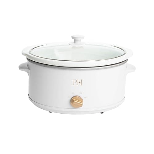 Paris Hilton 6-Quart Manual Slow Cooker, Features Three Settings (Low, High, Warm), Naturally Nonstick and Dishwasher Safe Stoneware Insert, Family Sized Capacity, White