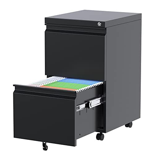 METAN Fully Assembled 2 Drawer File Cabinet with Lock, Mobile Under Desk Filing Cabinet for Office Legal/Letter Size, Pre Assembled Except Wheels,Black