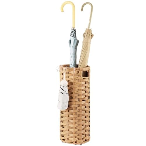 WAOHANAZ Rattan Umbrella Stand, Umbrella Holder for Entryway, Hand Woven Umbrella Rack Organizer Freestanding, with a Detachable Drip Tray, 4 Hooks, 7.5" L x 7.5" W x 16.5" H
