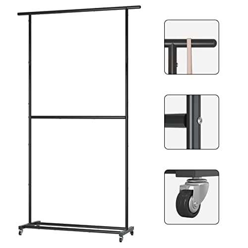 Sywhitta Double Rod Clothing Garment Rack, Rolling Clothes Organizer on Wheels for Hanging Clothes, Easy to Assemble, Adjustable, Black 5