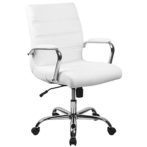 Flash Furniture Whitney Mid-Back Swivel LeatherSoft Desk Chair with Padded Seat and Armrests, Adjustable Height Padded Office Chair, White/Chrome