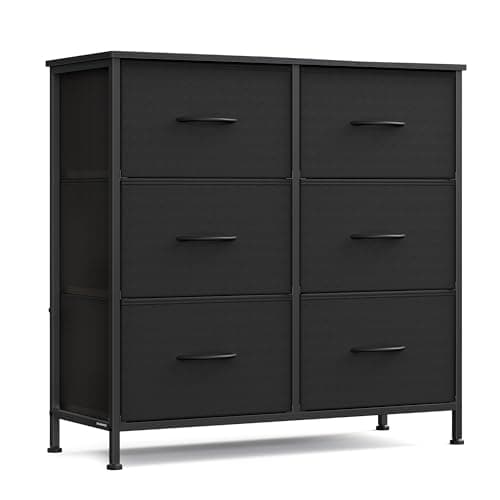 SONGMICS Dresser for Bedroom, Chest of Drawers, TV Stand, Steel, MDF, 6 Non-Woven Fabric Drawers, Storage Organizer Unit, Closet, Entryway, Ink Black and Ebony Black ULGS123B01S