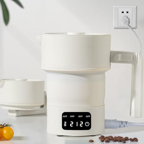 UPEZAN Travel Electric Kettle-Collapsible Portable Electric Kettle, 600W Foldable Small Water Boiler with 4-Temp Presets, Food Grade Silicone for Hotel, Office, Camping (Beige, 600mL)