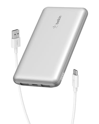 Belkin Portable Charger, USB-C Power Bank 10000 mAh w/ 1xUSB-C Port & 2xUSB-A Ports, 15W w/Type-C to Type-A Cable for iPhone 17, Samsung Galaxy S25, Nintendo Switch 2, Google Pixel 10, etc. - Silver