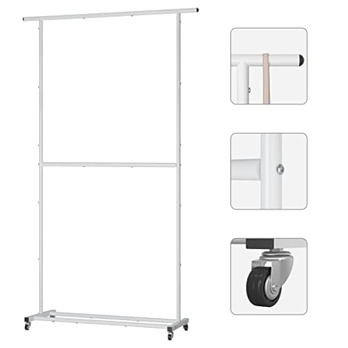 Sywhitta Double Rod Clothing Garment Rack, Rolling Clothes Organizer on Wheels for Hanging Clothes, Easy to Assemble, Adjustable, White 5