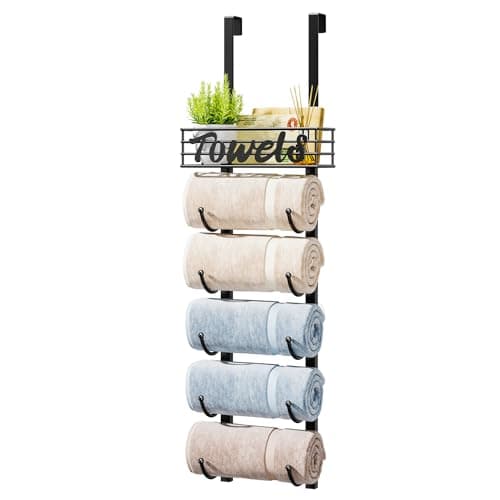 HapiRm Towel Racks for Bathroom Storage - 6 Tier Over The Door & Wall Mount Rolled Towel Storage Organizer Holder with Metal Shelf Basket for Small Bathroom, Camper, Rv - Black, Patented