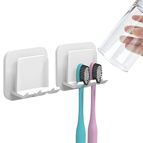 2 PCS Self-Adhesive Toothbrush Holders Wall Mounted, Water Proof Toothbrush Hook, 2 in 1 with Toothbrush Hanger and Gargle Cup Holder for Bathroom Shower (White)