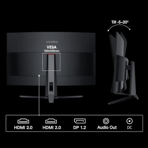 KOORUI 32 inch Curved Gaming Monitor, QHD (2560 x 1440) 2K 170Hz 144Hz Monitor, 1ms 1500R Display, 90% DCI-P3, Adaptive Sync, Tilt Adjustable, VESA Compatible, DisplayPort HDMI, Black 9