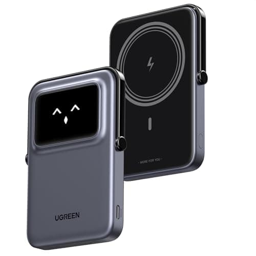 UGREEN Uno Magnetic Power Bank, Wireless Portable Charger, 20W Fast Charging Battery Pack with Foldable Stand and TFT Display 5000mAh for iPhone 17/17 Air/17 Pro/17 Pro Max/16/15/14/13 Series, Black