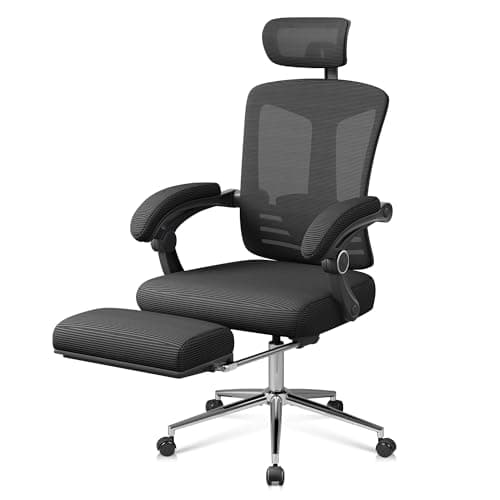 DEVAISE Ergonomic Mesh Office Desk Chair with Footrest, Comfrotable Big and Tall Reclining Computer Chair with Adjustable Lumbar Support, Backrest Adjustable, High Back SGS Class 4 Gas Lift, Black
