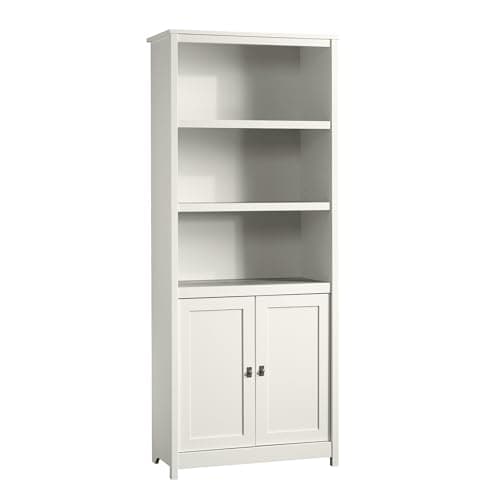 Sauder Cottage Road Book Shelf, Bookshelf with Storage, Library Bookcase with Doors and Adjustable Shelves, in Soft White Finish