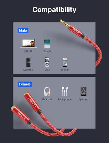 JSAUX Headphone Splitter 3.5mm, Audio Splitter 2 Female to 1 Male, Dual Headphone Adapter Compatible with PS4, PS5, Xbox, Nintendo Switch, PC Gaming Headsets, Phone, Tablet, Laptop and More-Red 5