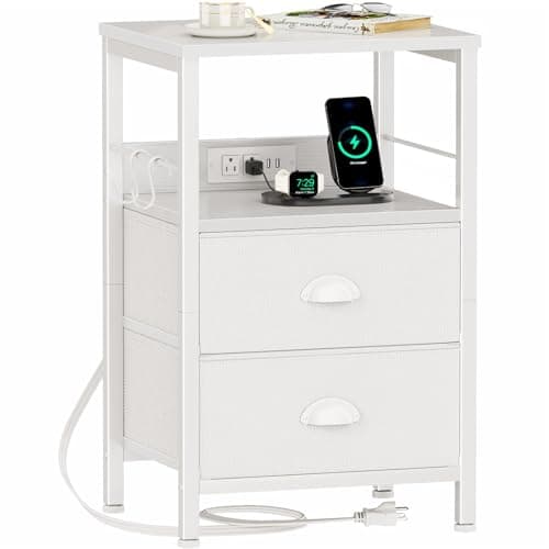 Furologee End Table with Charging Station, Nightstand with Fabric Drawers, Side Tables with USB Ports & Outlets, Night Stand with Storage Shelf & Hooks, for Living Room/Bedroom, White
