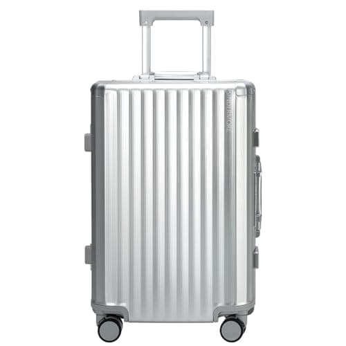 Sindermore Carry-on Luggage: Silver 20 inch Aluminum-Made Hardshell Suitcase with Spinner Wheels - Zipperless - USB-C Port - TSA Locks - Weekend Getaways International travel Business
