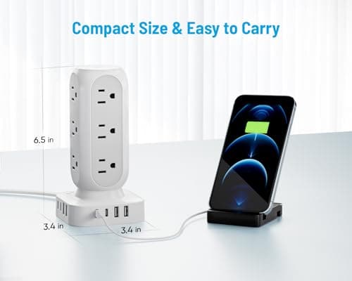 Flat Plug Power Strip Tower 10FT, 40W Total Fast Charging Station, Dual PD 20W USB-C Surge Protector with 12 AC Outlets and 8 USB Ports (4 USB C), Long Extension Cord for Home Office Dorm Room 6