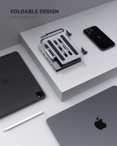 iPad USB C Hub Stand, 9-in-1 Multiport Adapter for iPad Pro M4 M3 M2 13 12.9 11 Inch Docking Station Foldable with 4K60Hz HDMI, RJ45 Gigabit Ethernet, SD/TF Card Reader, USB 3.0, 3.5 mm Audio 9